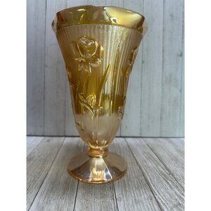 Vtg Jeannette Marigold Carnival Depression Herringbone Vase Iris Peach 9'' Tall